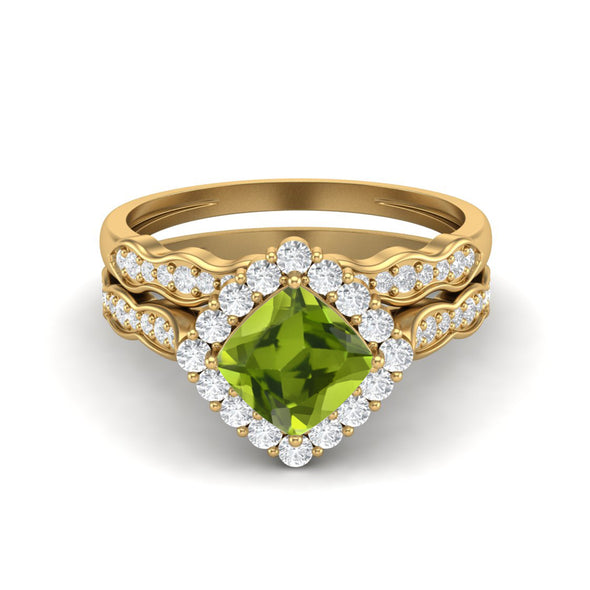 6MM Cushion Shape Peridot Gemstone Halo Engagement Ring 925 Sterling Silver Dual Shank Accents Wedding Ring