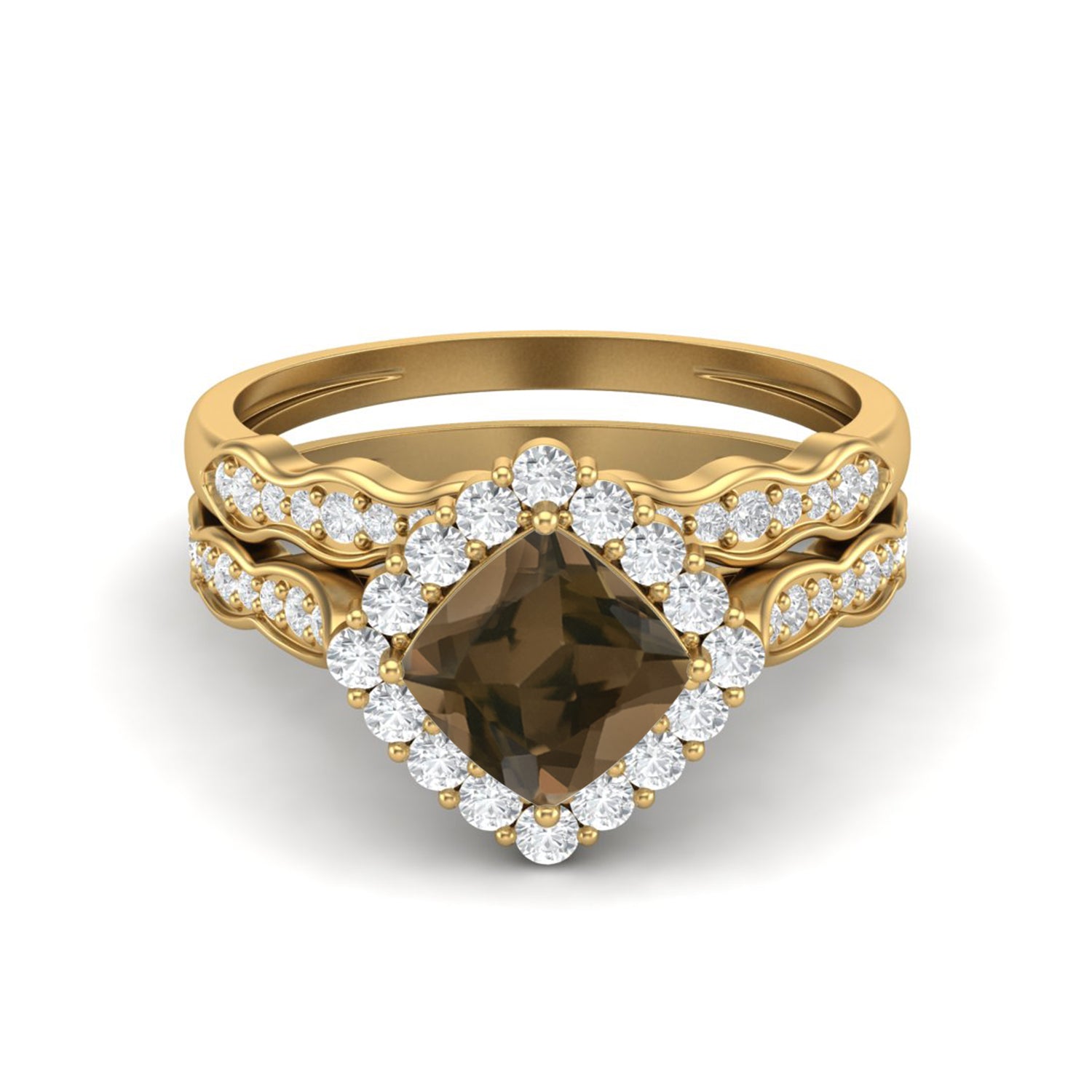 Smoky Quartz 1.30 Ct Cushion Halo dual Band Ring Set – 14K Yellow Gold