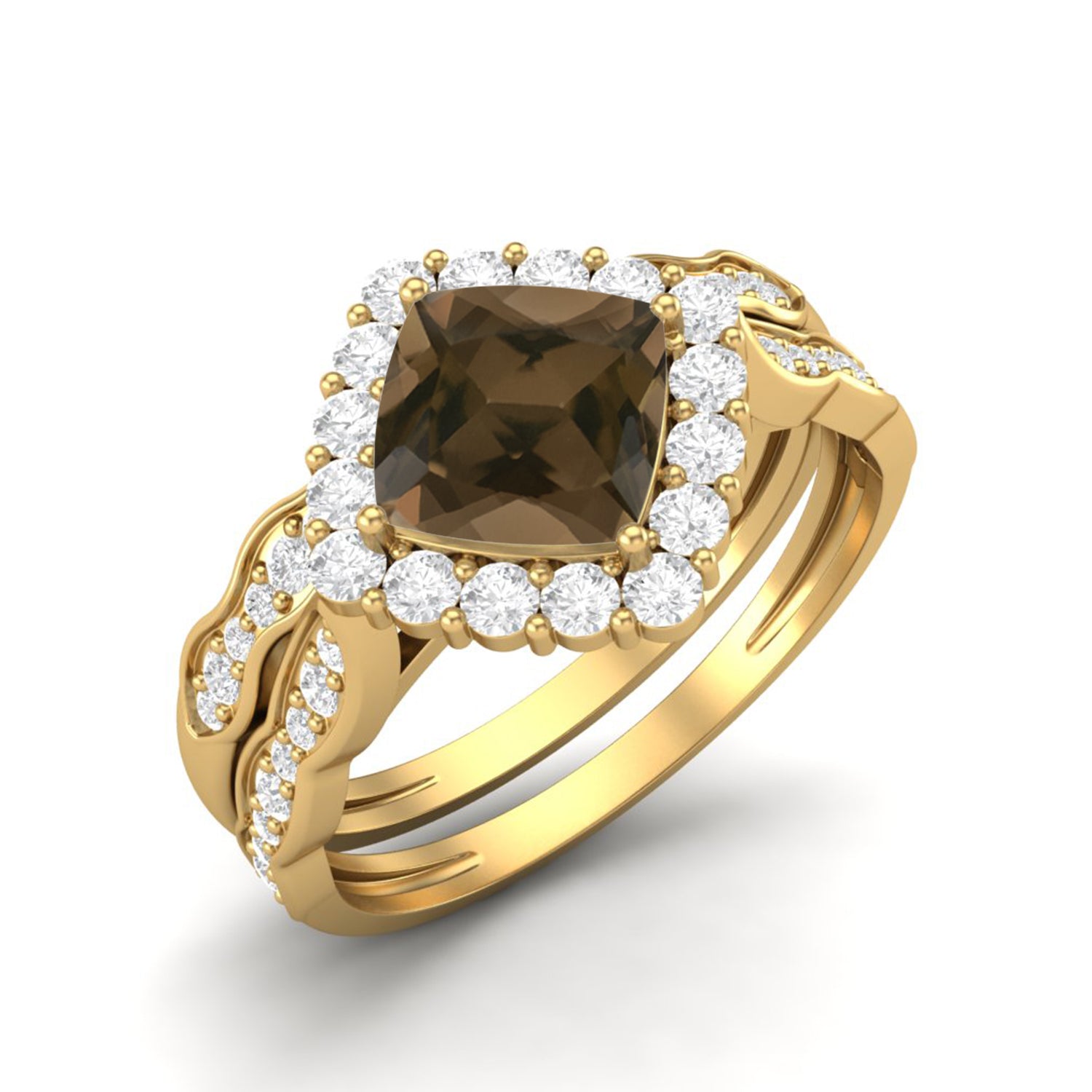 Smoky Quartz 1.30 Ct Cushion Halo dual Band Ring Set – 14K Yellow Gold
