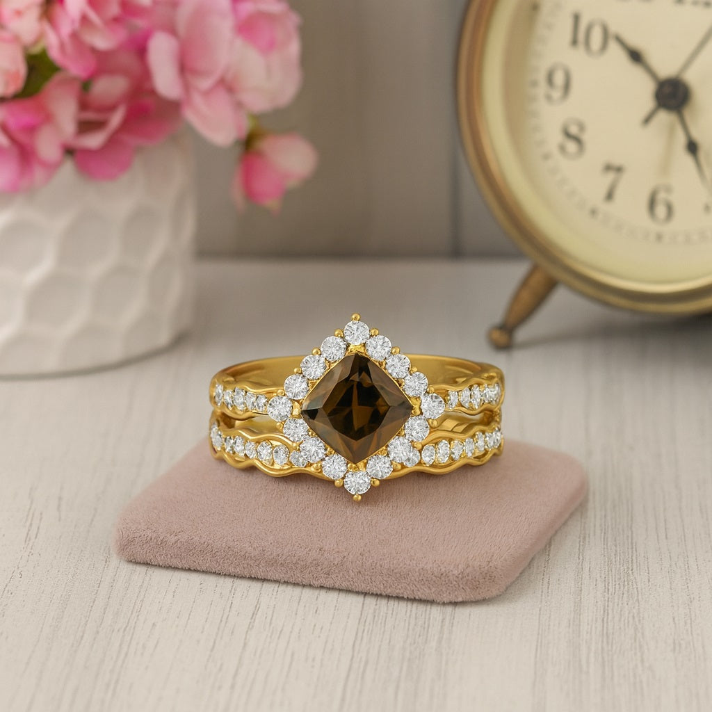 Smoky Quartz 1.30 Ct Cushion Halo dual Band Ring Set – 14K Yellow Gold