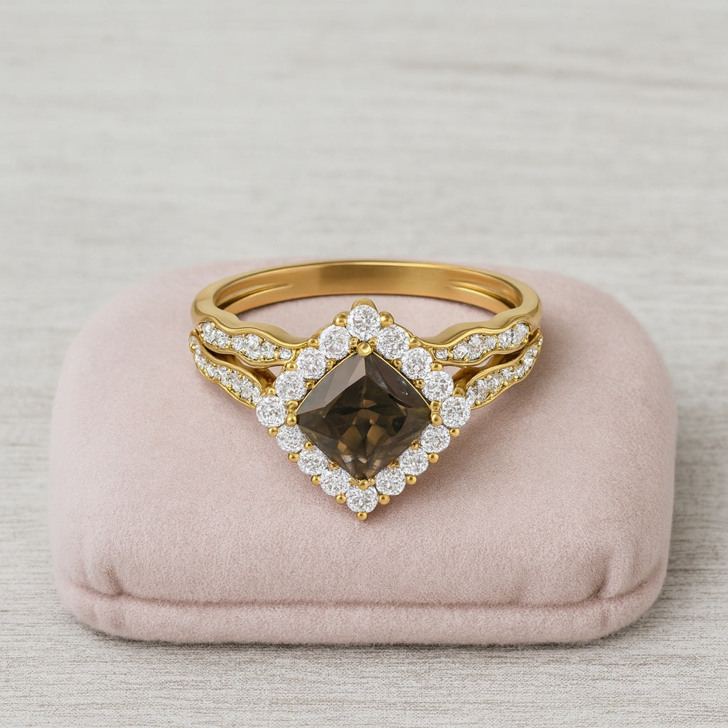 Smoky Quartz 1.30 Ct Cushion Halo dual Band Ring Set – 14K Yellow Gold
