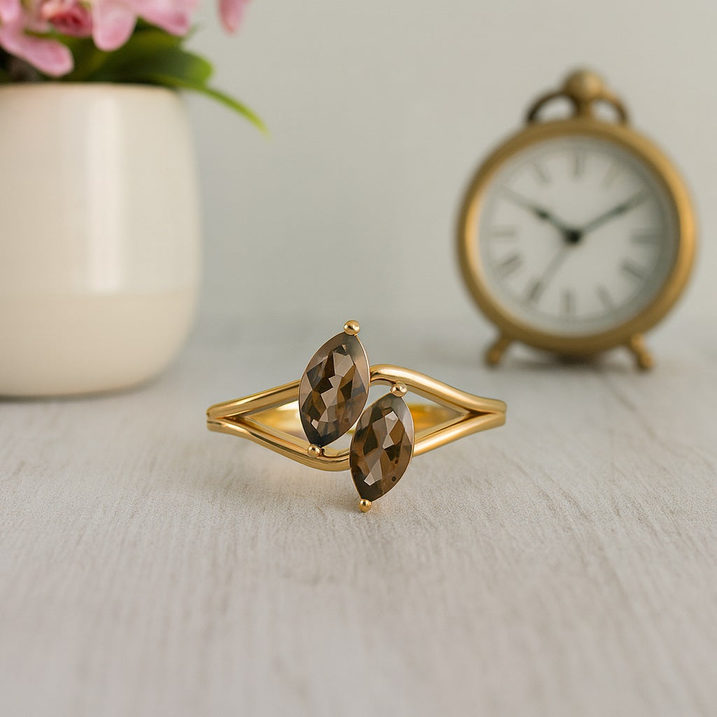 Smoky Quartz 0.30 Ct Marquise Twin Stone Split Shank Ring – 14K Yellow Gold