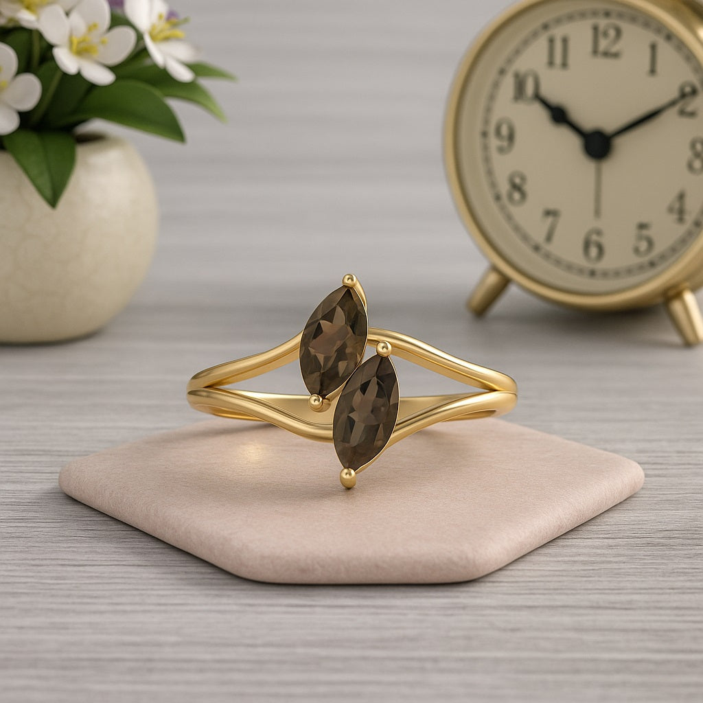 Smoky Quartz 0.30 Ct Marquise Twin Stone Split Shank Ring – 14K Yellow Gold