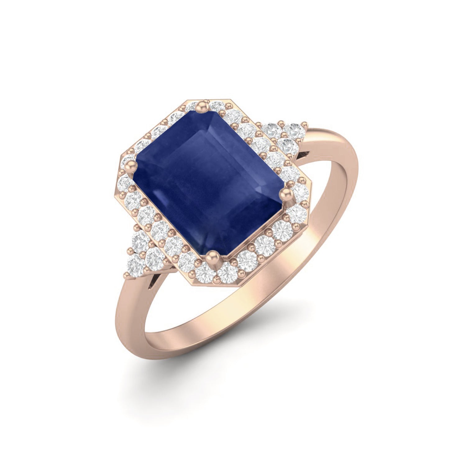 Blue Sapphire 1.00 Ct Octagon Solitaire Halo Ring - 14k Yellow Gold