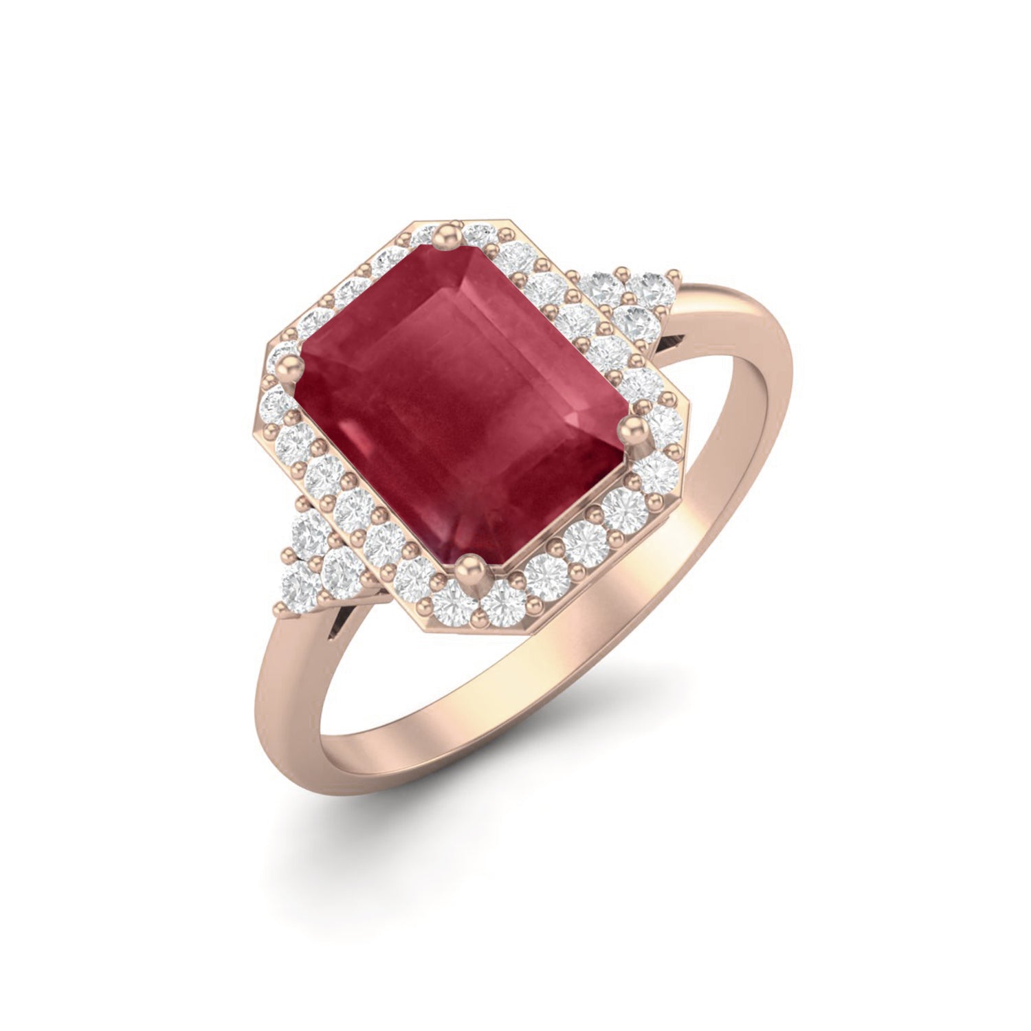 Ruby 1.00 Ct Octagon Solitaire Halo Ring – 14k Yellow Gold