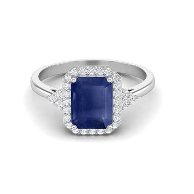925 Sterling Silver Octagon Shape Blue Sapphire Ring Solitaire With Accent White Topaz Wedding Ring