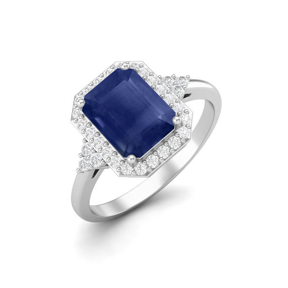 925 Sterling Silver Octagon Shape Blue Sapphire Ring Solitaire With Accent White Topaz Wedding Ring