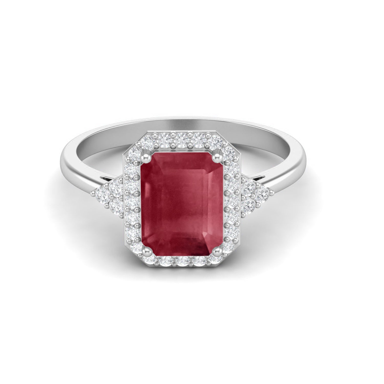 Ruby 1.00 Ct Octagon Solitaire Halo Ring – 14k Yellow Gold