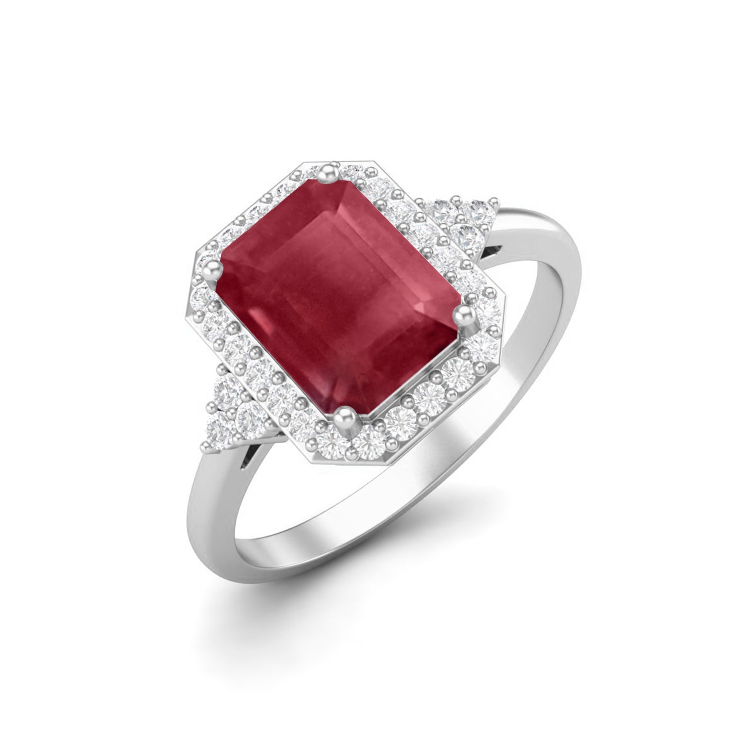 Ruby 1.00 Ct Octagon Solitaire Halo Ring – 14k Yellow Gold