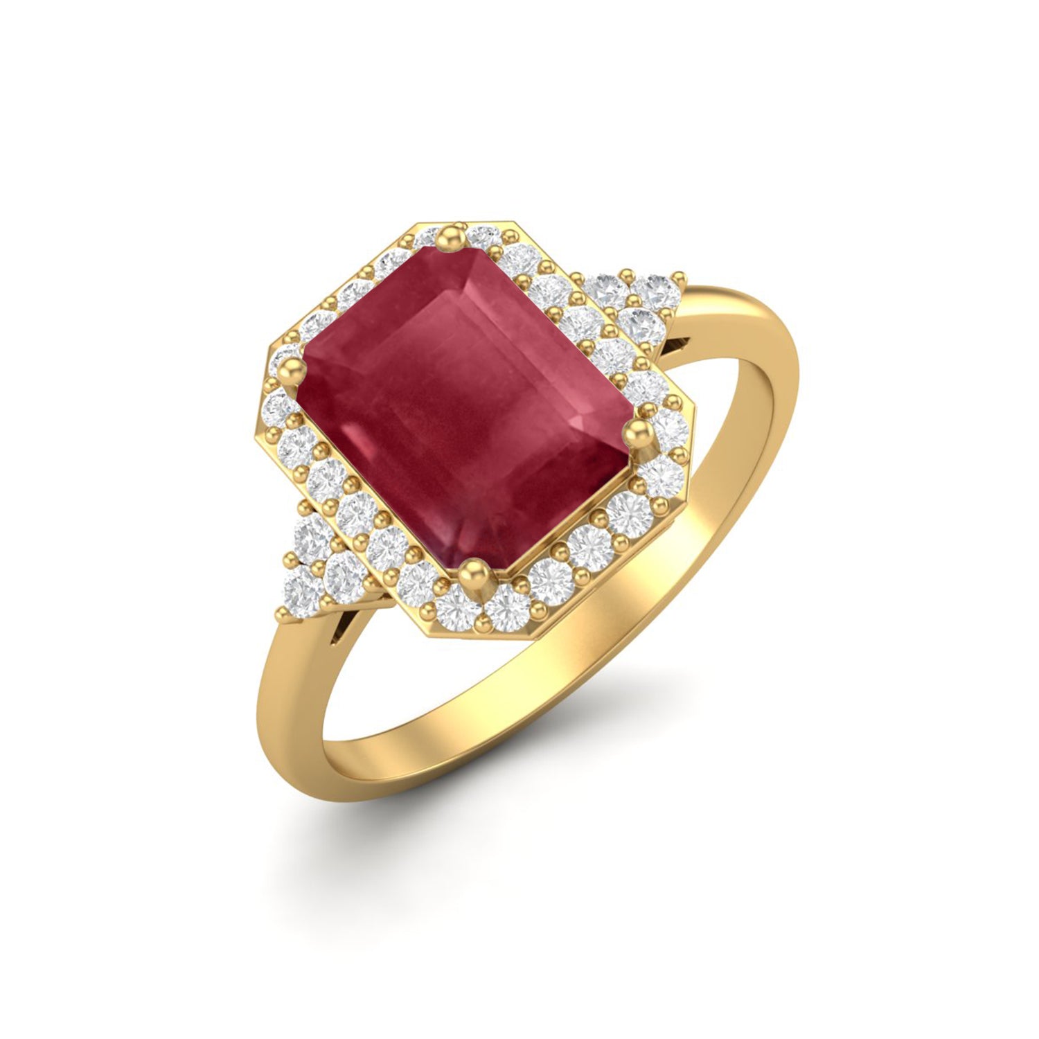 Ruby 1.00 Ct Octagon Solitaire Halo Ring – 14k Yellow Gold