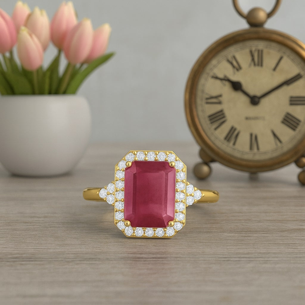 Ruby 1.00 Ct Octagon Solitaire Halo Ring – 14k Yellow Gold