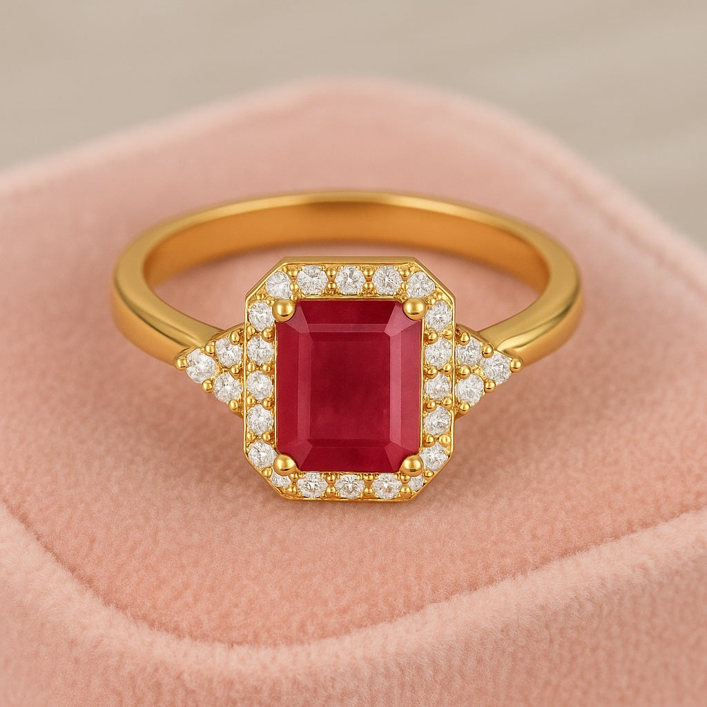 Ruby 1.00 Ct Octagon Solitaire Halo Ring – 14k Yellow Gold