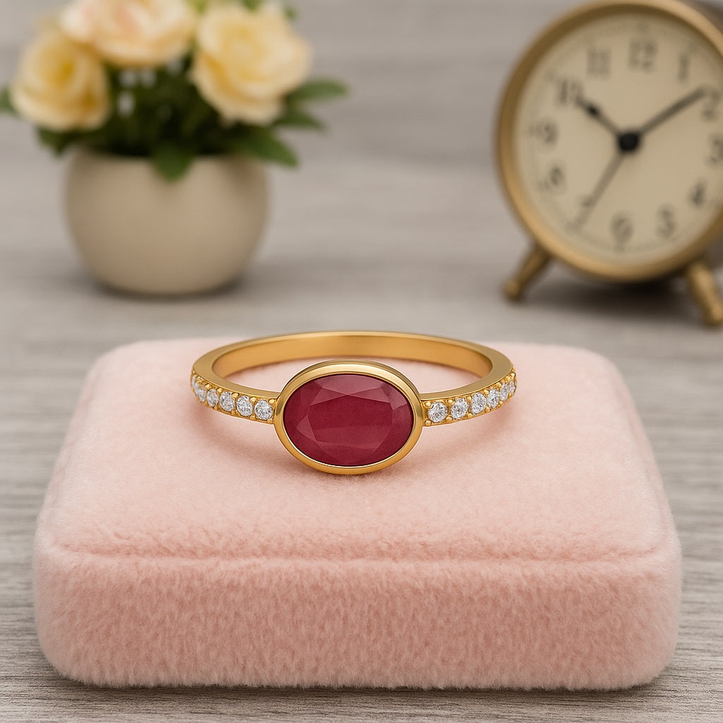 Ruby 1.00 Ct Oval Solitaire Accent Ring – 14k Yellow Gold