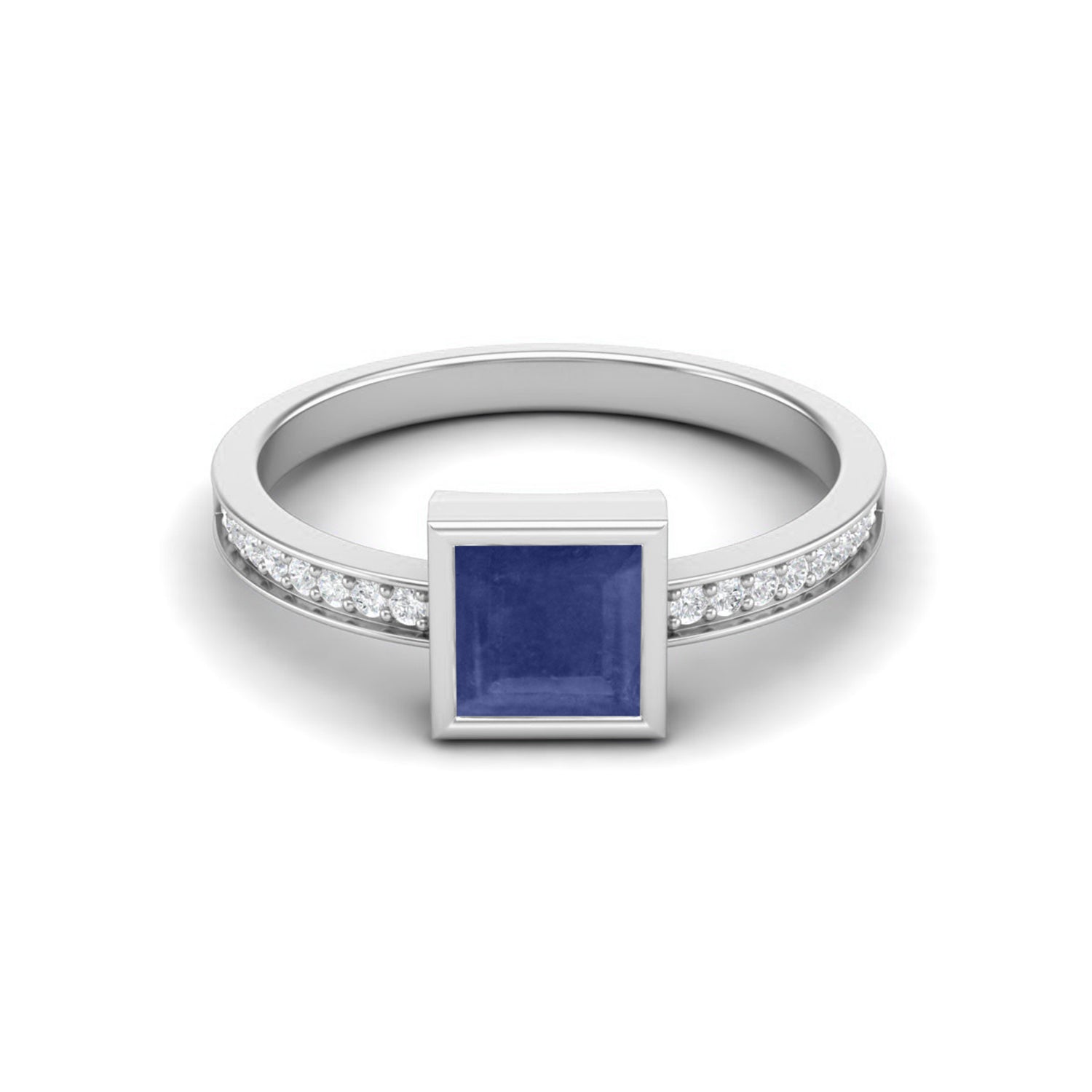 925 Sterling Silver Blue Sapphire Engagement Ring Square Shaped Bezel Set Ring