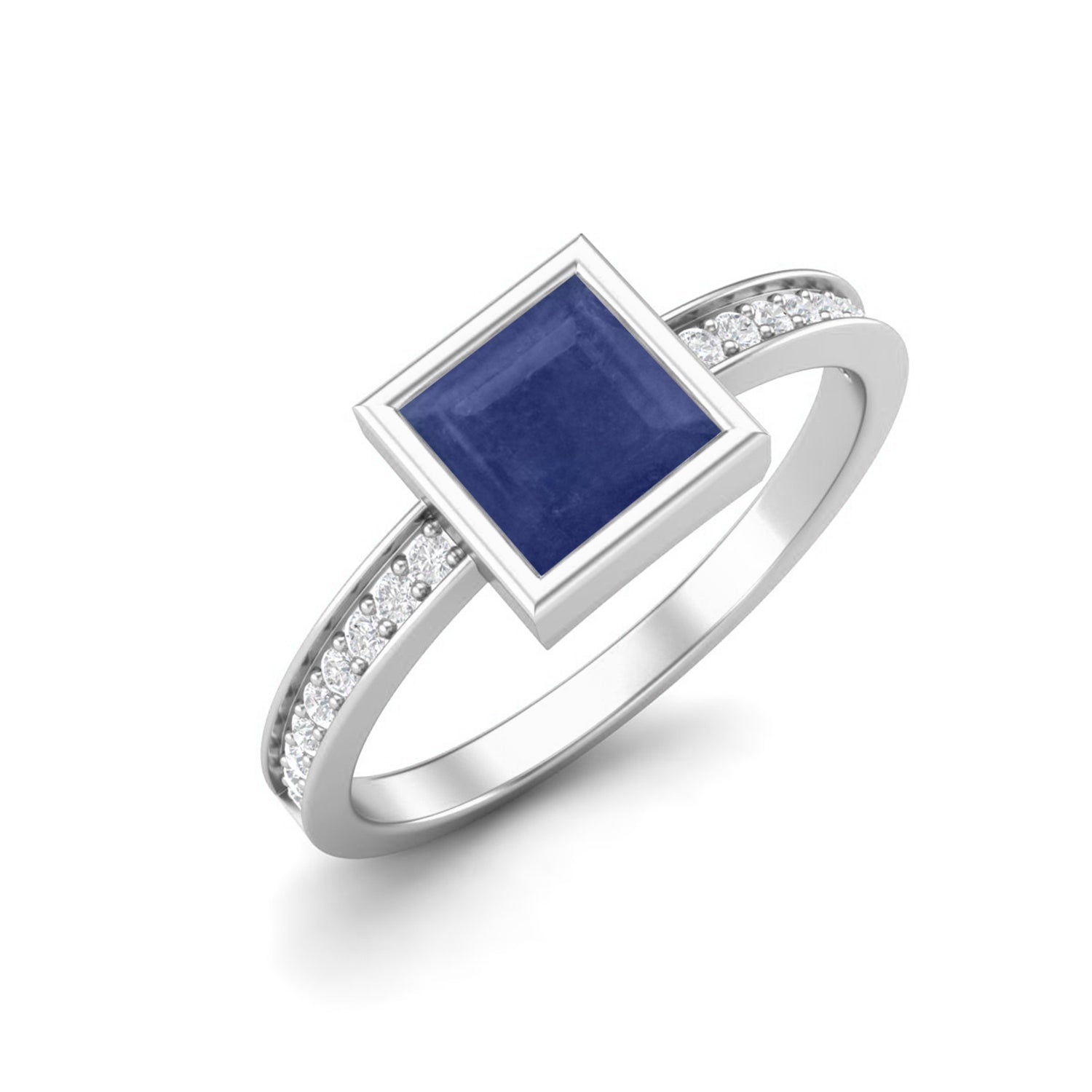 925 Sterling Silver Blue Sapphire Engagement Ring Square Shaped Bezel Set Ring