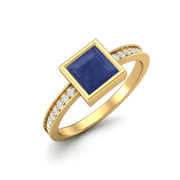 925 Sterling Silver Blue Sapphire Engagement Ring Square Shaped Bezel Set Ring