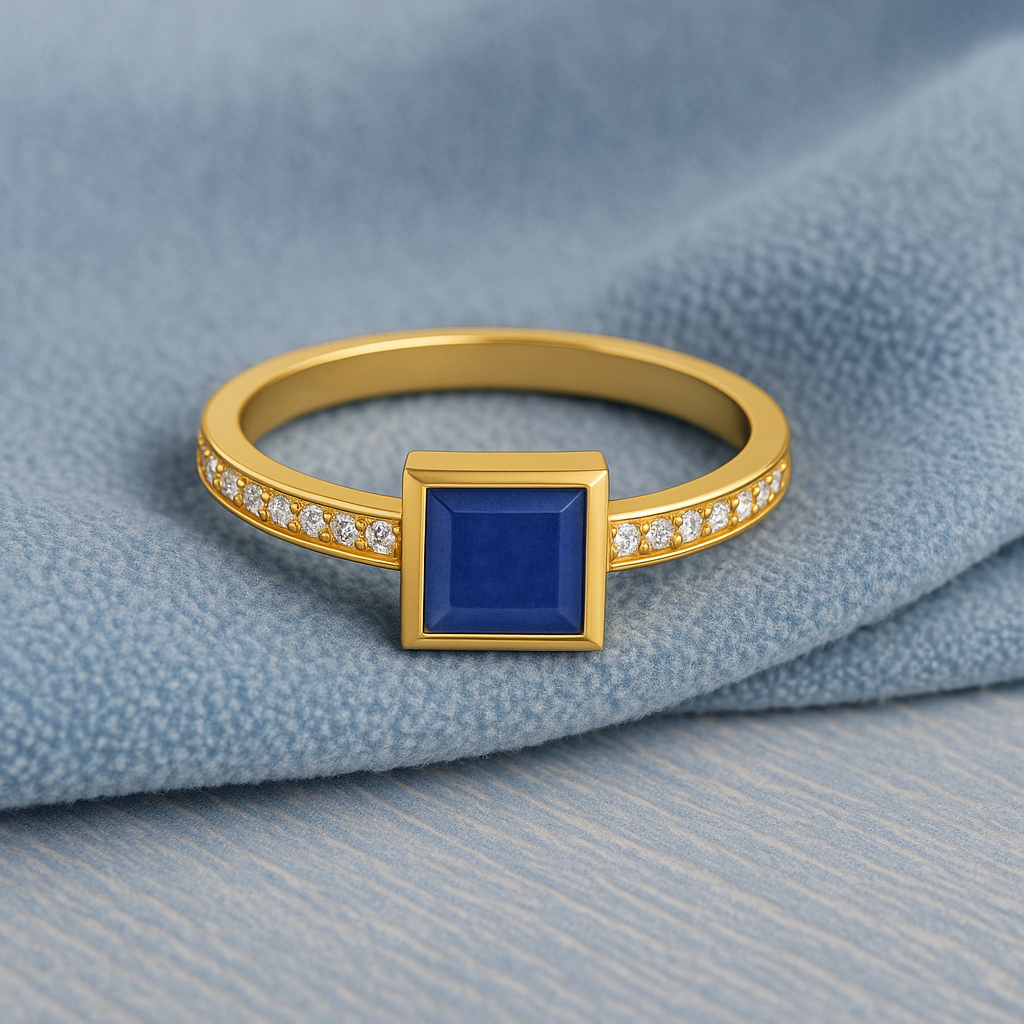 Blue Sapphire 0.75 Ct Square Solitaire with Accents Ring - 14k Yellow Gold