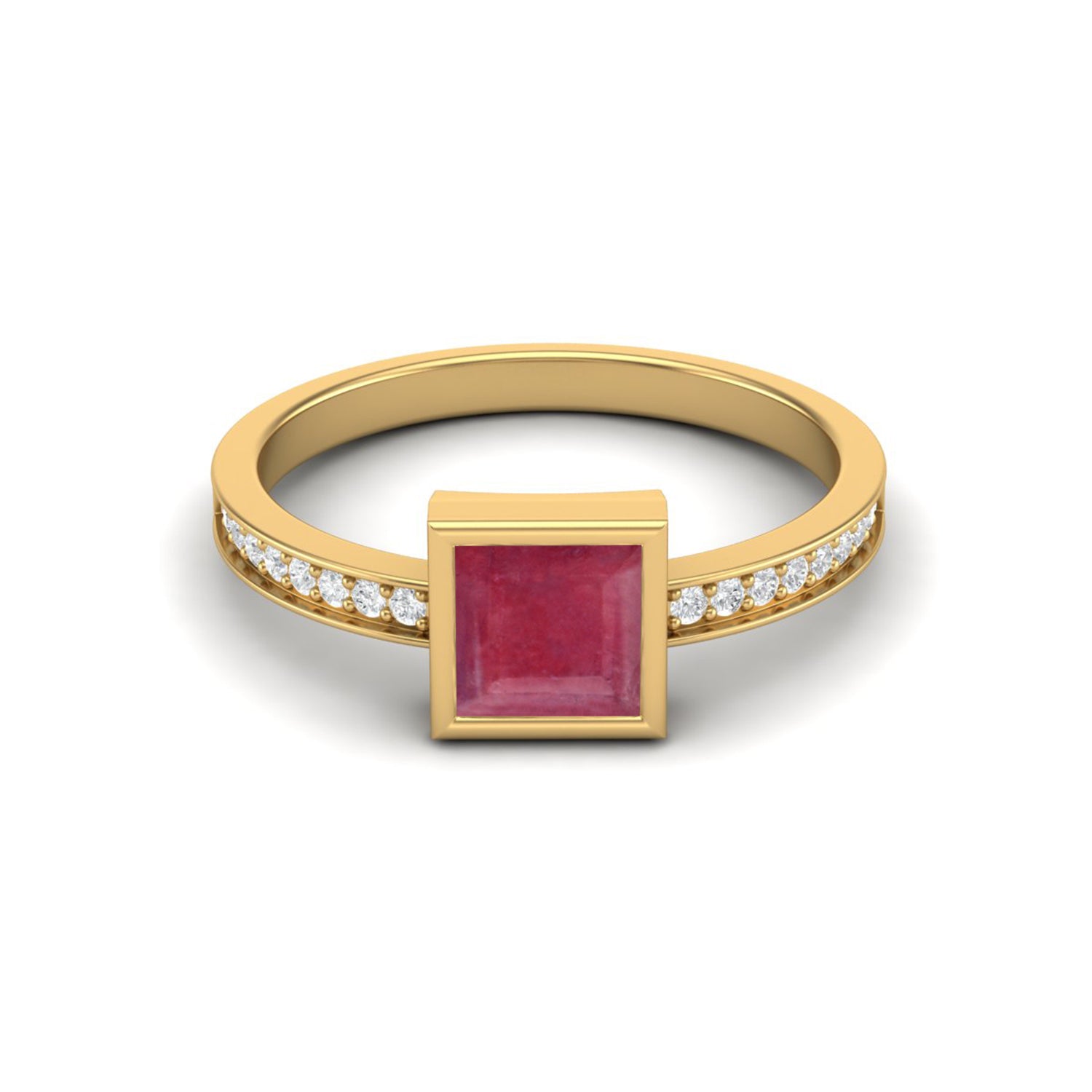 Ruby 0.75 Ct Square Bezel Solitaire Accent Ring – 14k Yellow Gold