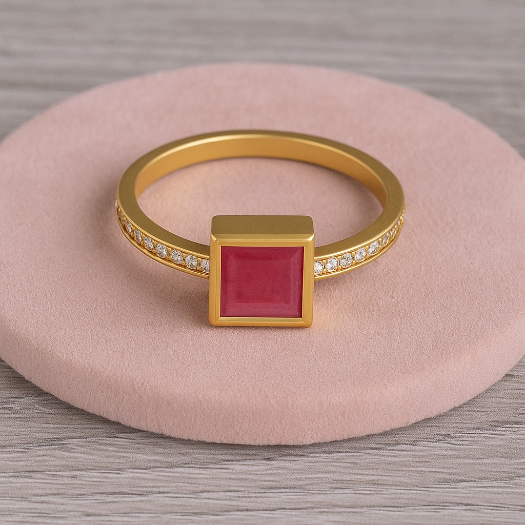 Ruby 0.75 Ct Square Bezel Solitaire Accent Ring – 14k Yellow Gold