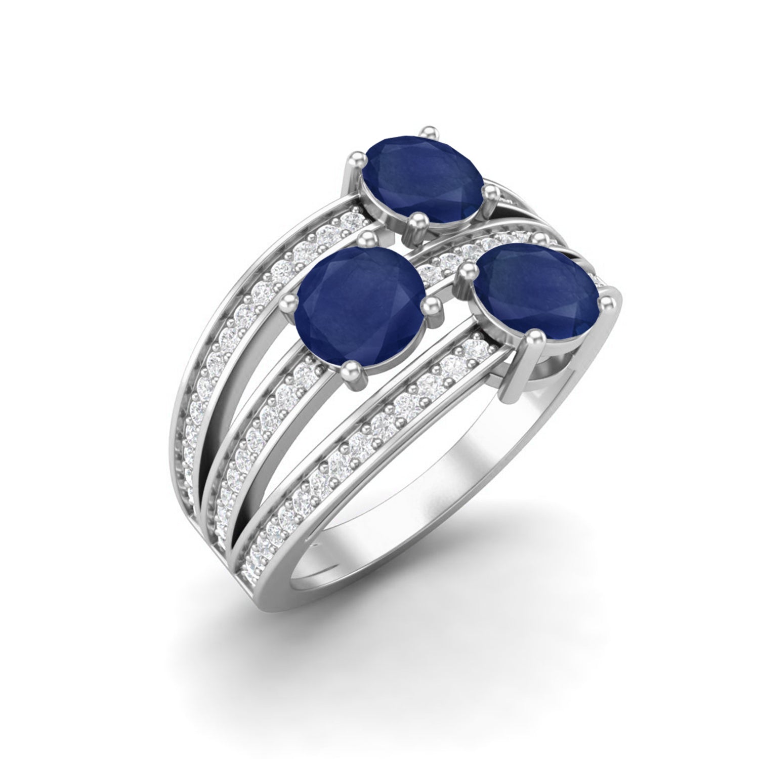 925 Sterling Silver Ring Round Cut Three Stone Blue Sapphire Wedding Solitaire Ring For Women