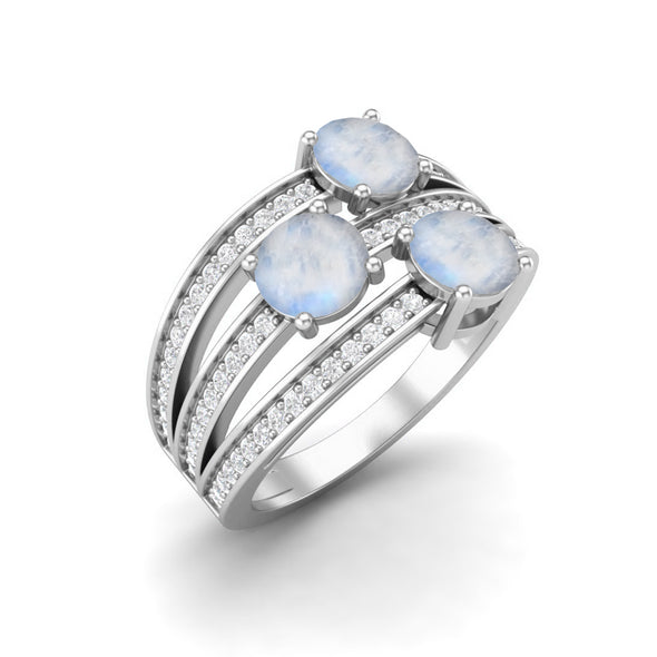 Three Stone Round Shaped Moonstone Engagement Ring 925 Sterling Silver Solitaire Ring