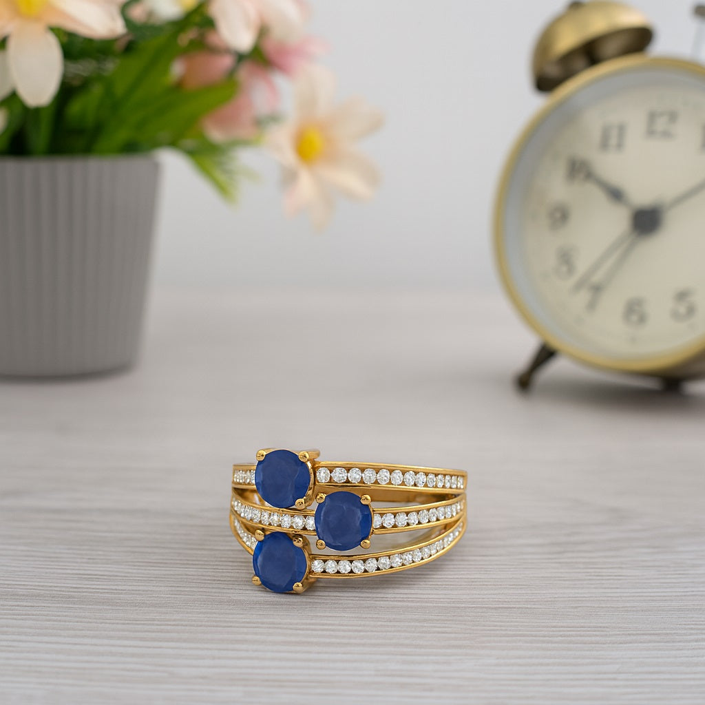 Blue Sapphire Triple Stone Ring - Sterling Silver