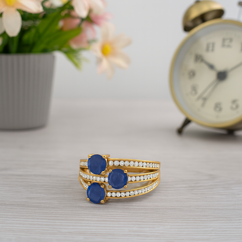 Blue Sapphire 1.50 Ct Triple Round Ring - 14k Yellow Gold