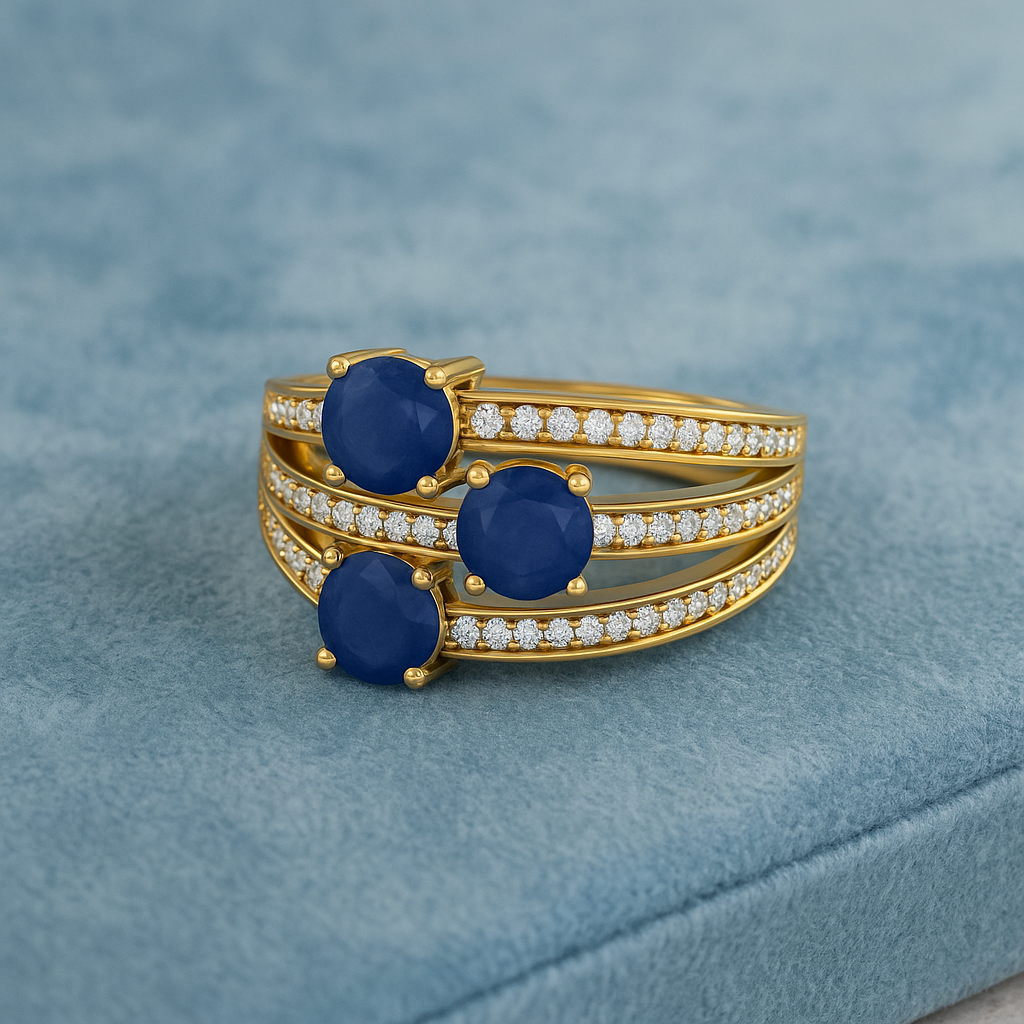 Blue Sapphire 1.50 Ct Triple Round Ring - 14k Yellow Gold