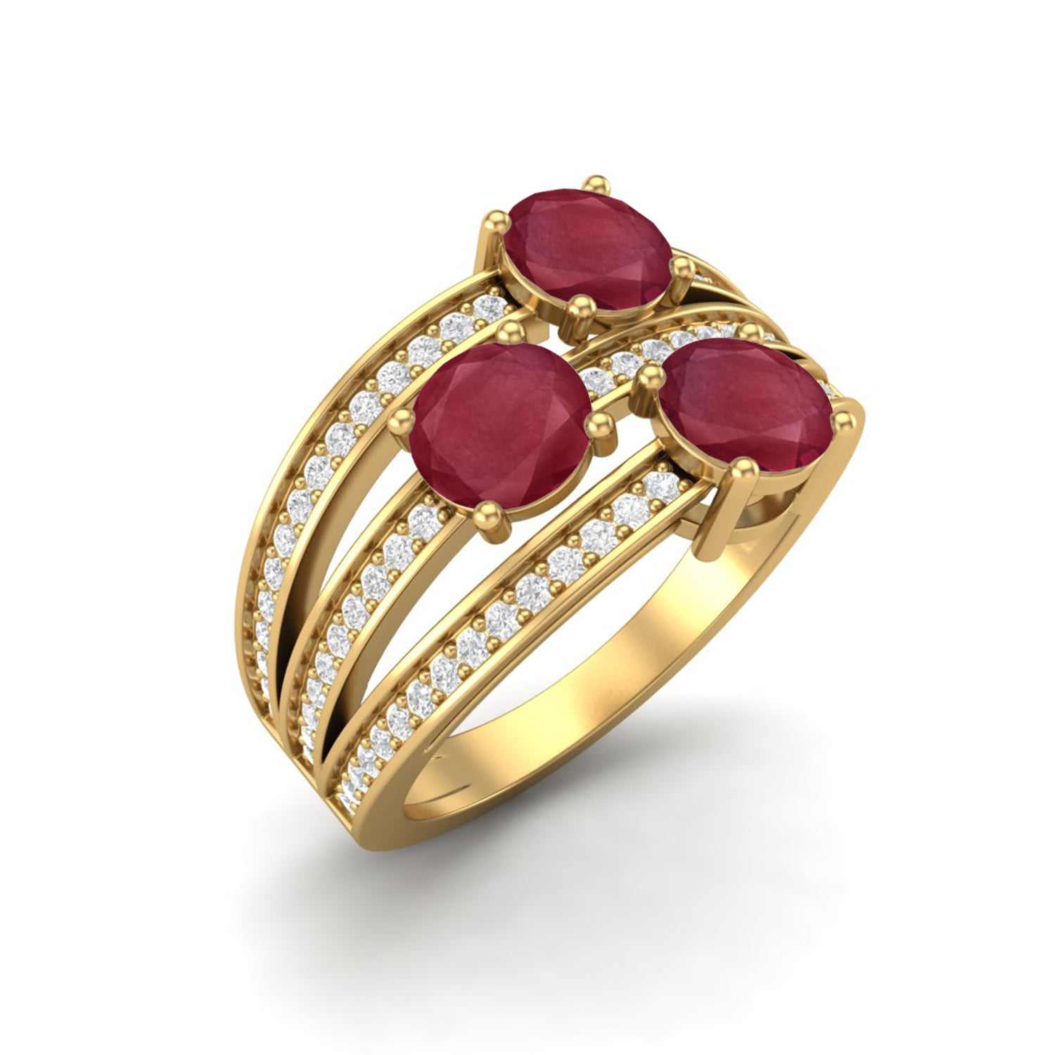 Ruby 1.50 Ct Triple Round  Multi-Row Accent Band Ring – 14k Yellow Gold