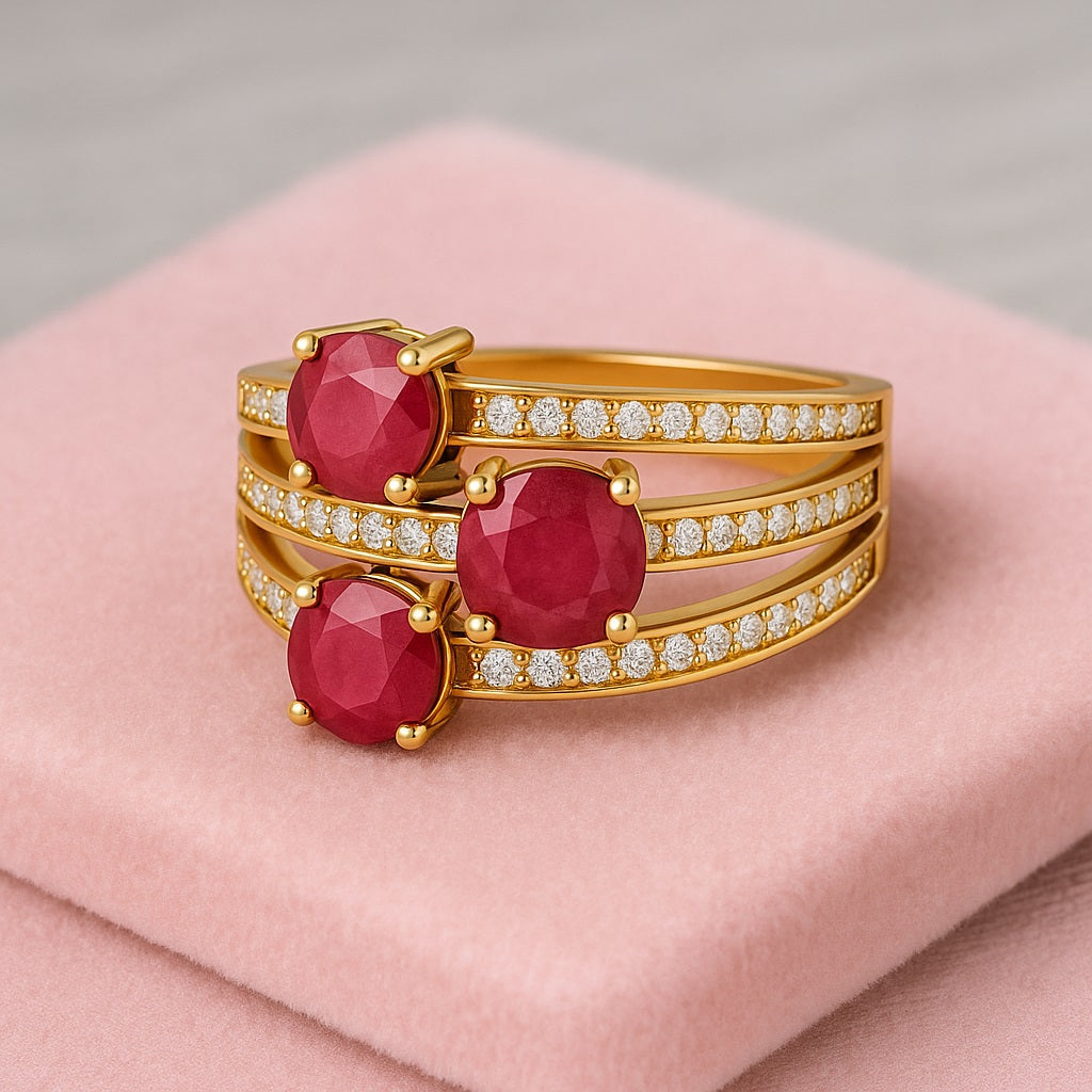 Ruby 1.50 Ct Triple Round  Multi-Row Accent Band Ring – 14k Yellow Gold