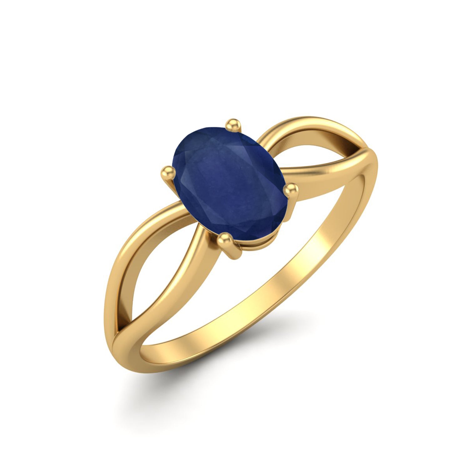 Blue Sapphire 1.00 Ct Oval Solitaire Split Shank Ring - 14k Yellow Gold