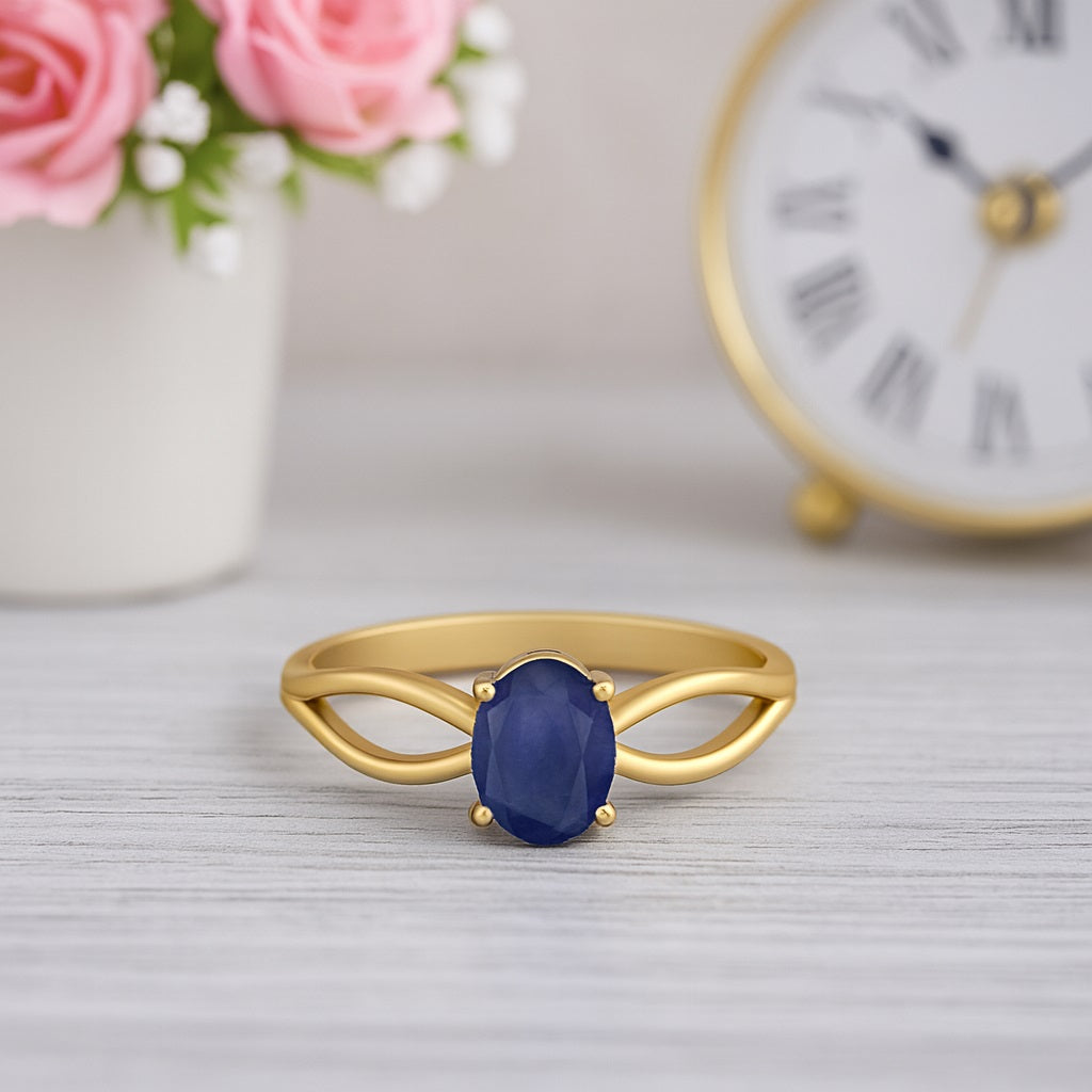 Blue Sapphire Oval Solitaire Ring – Sterling Silver