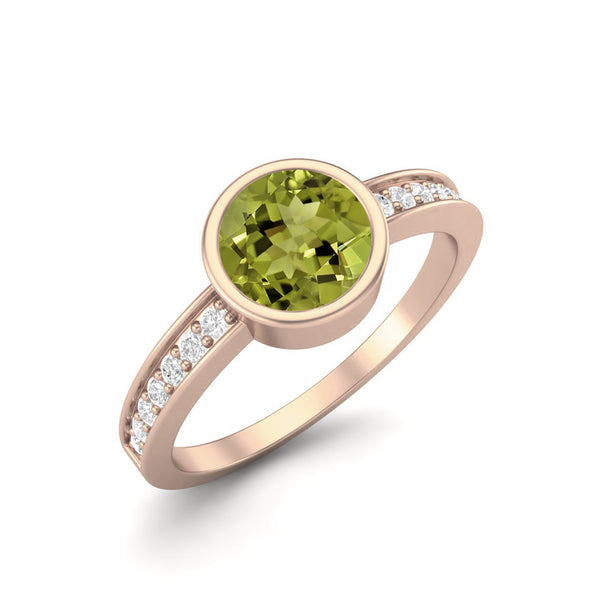 Round Shaped Bezel Set Peridot Wedding Ring 925 Sterling Silver Solitaire Side Accents Promise Ring