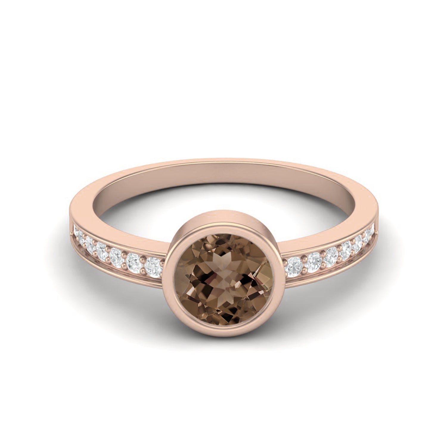 Smoky Quartz 0.75 Ct Round Bezel Set with Side Accents Ring – 14K Yellow Gold