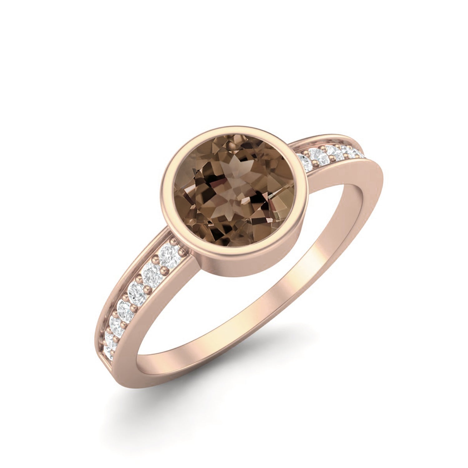 Smoky Quartz 0.75 Ct Round Bezel Set with Side Accents Ring – 14K Yellow Gold