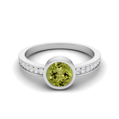 Round Shaped Bezel Set Peridot Wedding Ring 925 Sterling Silver Solitaire Side Accents Promise Ring