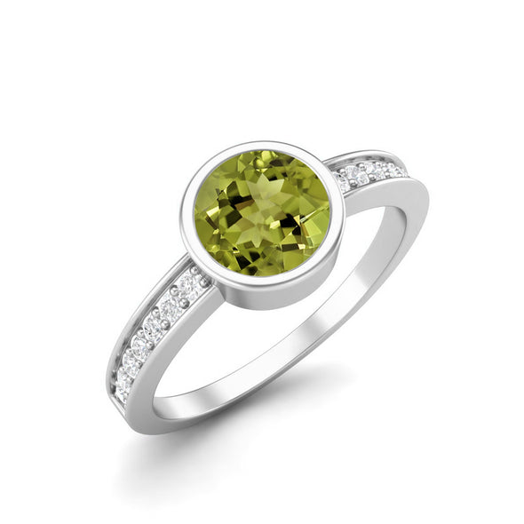 Round Shaped Bezel Set Peridot Wedding Ring 925 Sterling Silver Solitaire Side Accents Promise Ring