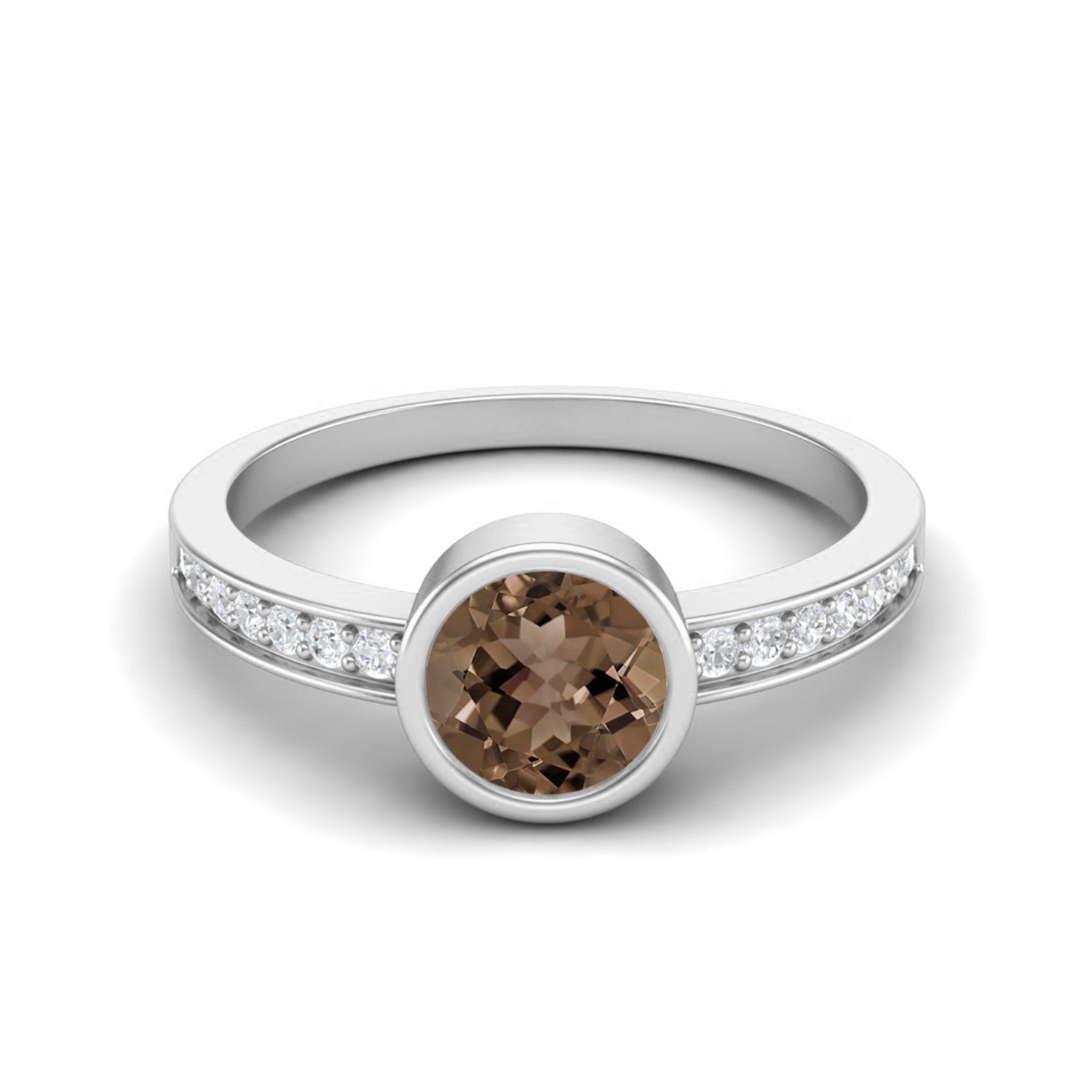 Smoky Quartz 0.75 Ct Round Bezel Set with Side Accents Ring – 14K Yellow Gold