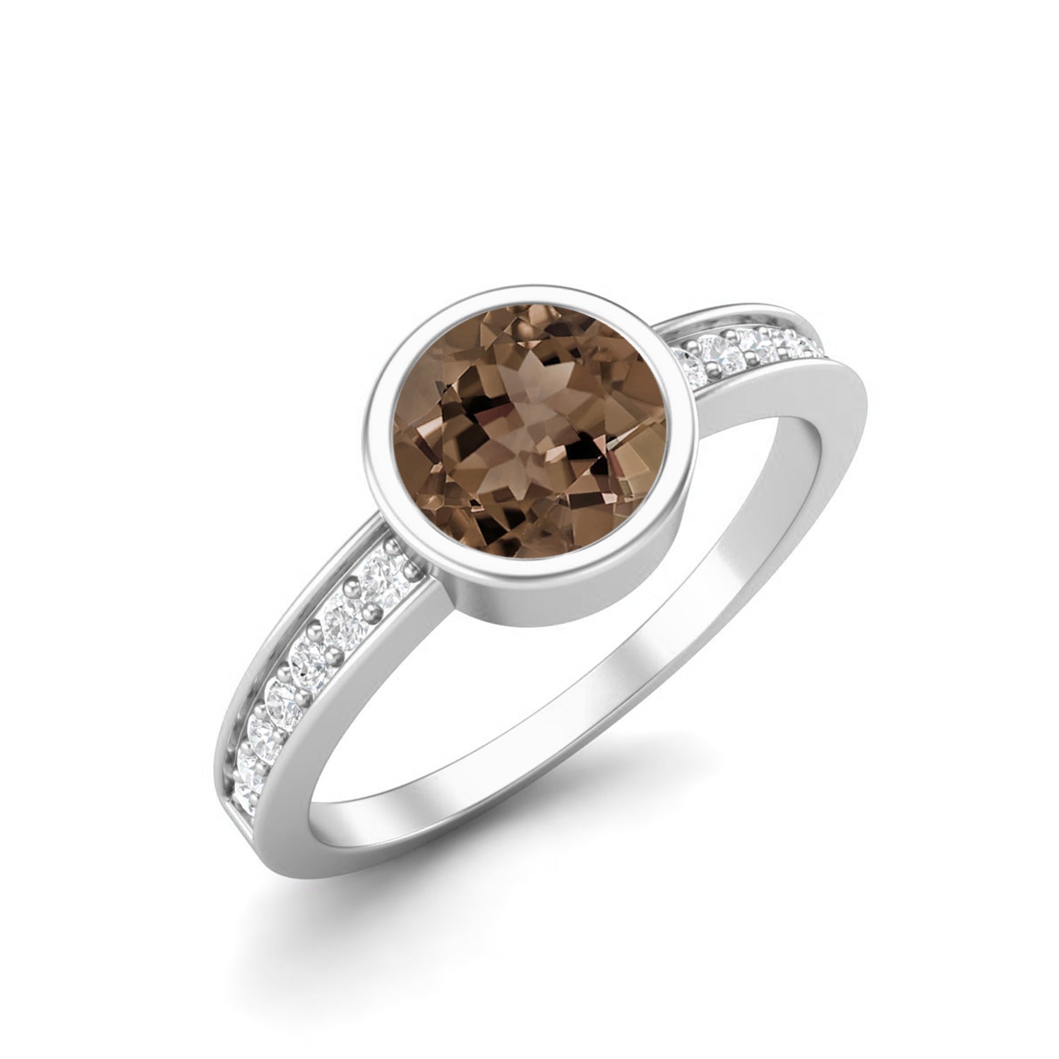 Smoky Quartz 0.75 Ct Round Bezel Set with Side Accents Ring – 14K Yellow Gold