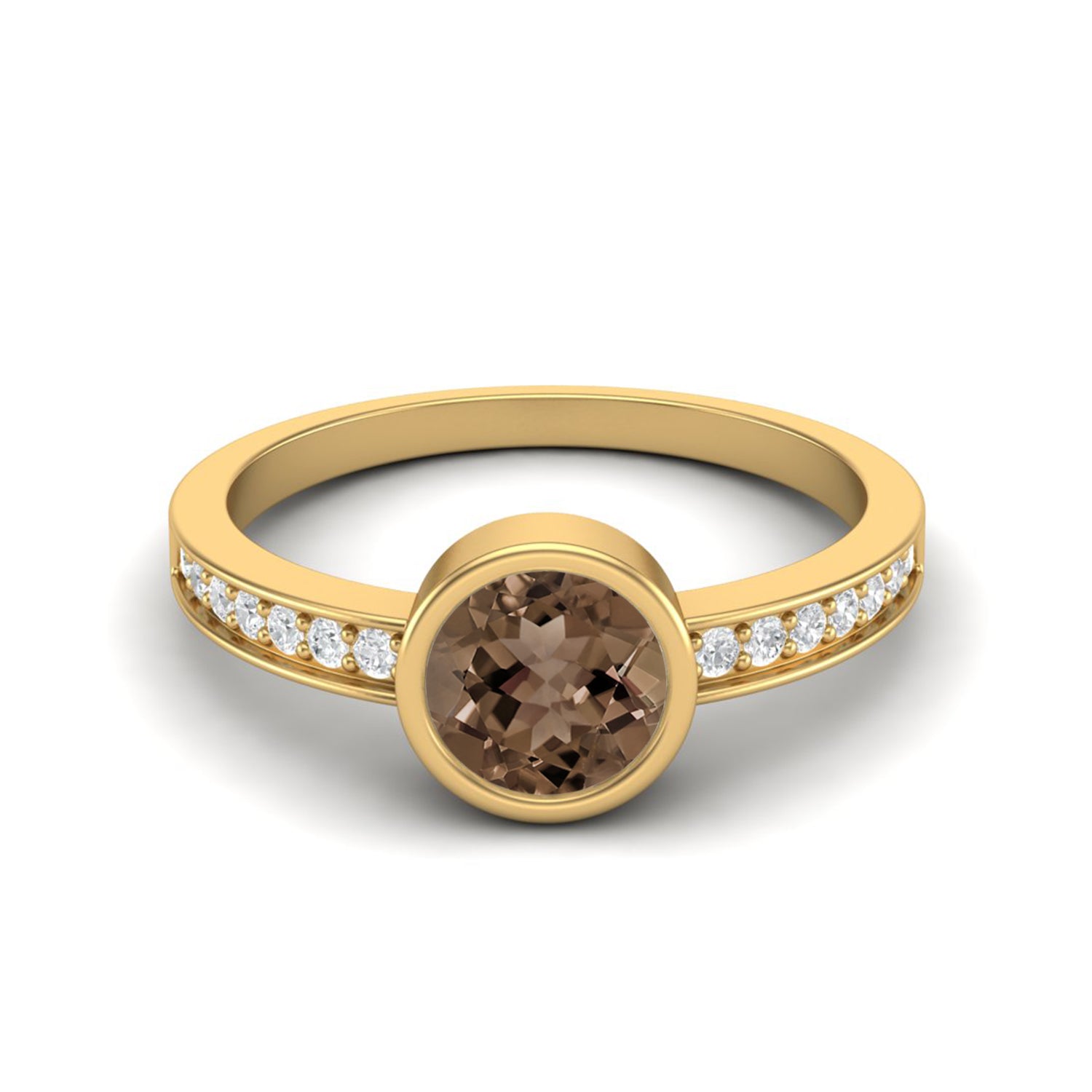 Smoky Quartz 0.75 Ct Round Bezel Set with Side Accents Ring – 14K Yellow Gold