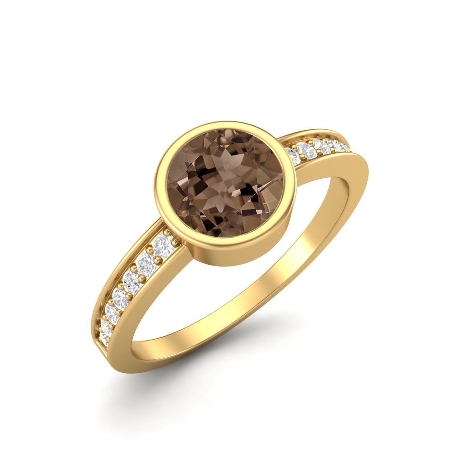Smoky Quartz 0.75 Ct Round Bezel Set with Side Accents Ring – 14K Yellow Gold