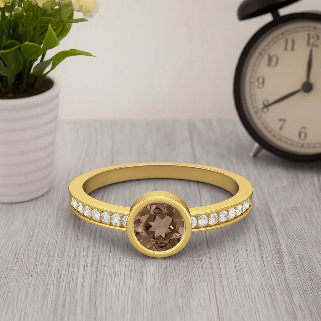 Smoky Quartz 0.75 Ct Round Bezel Set with Side Accents Ring – 14K Yellow Gold