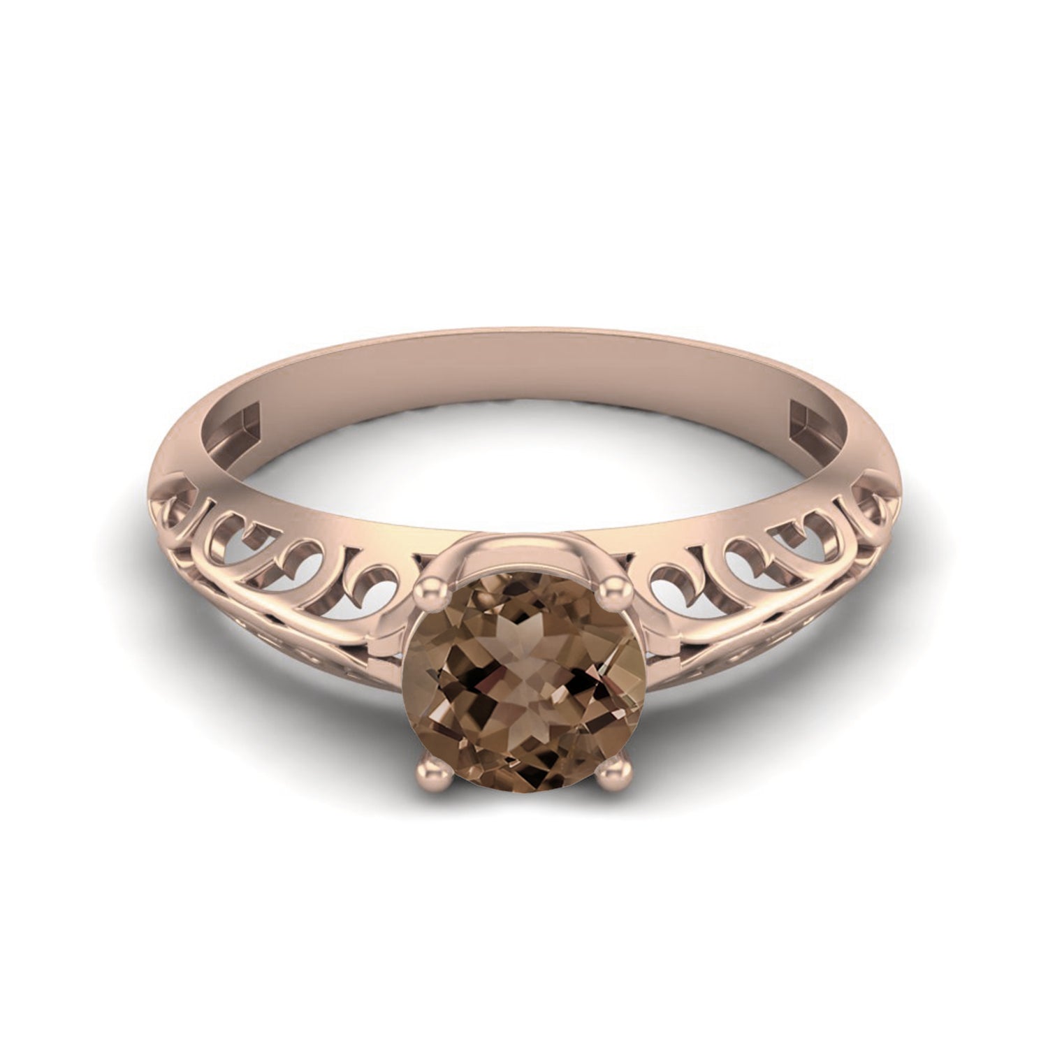 Smoky Quartz 0.75 Ct Round Vintage Filigree Ring – 14K Yellow Gold
