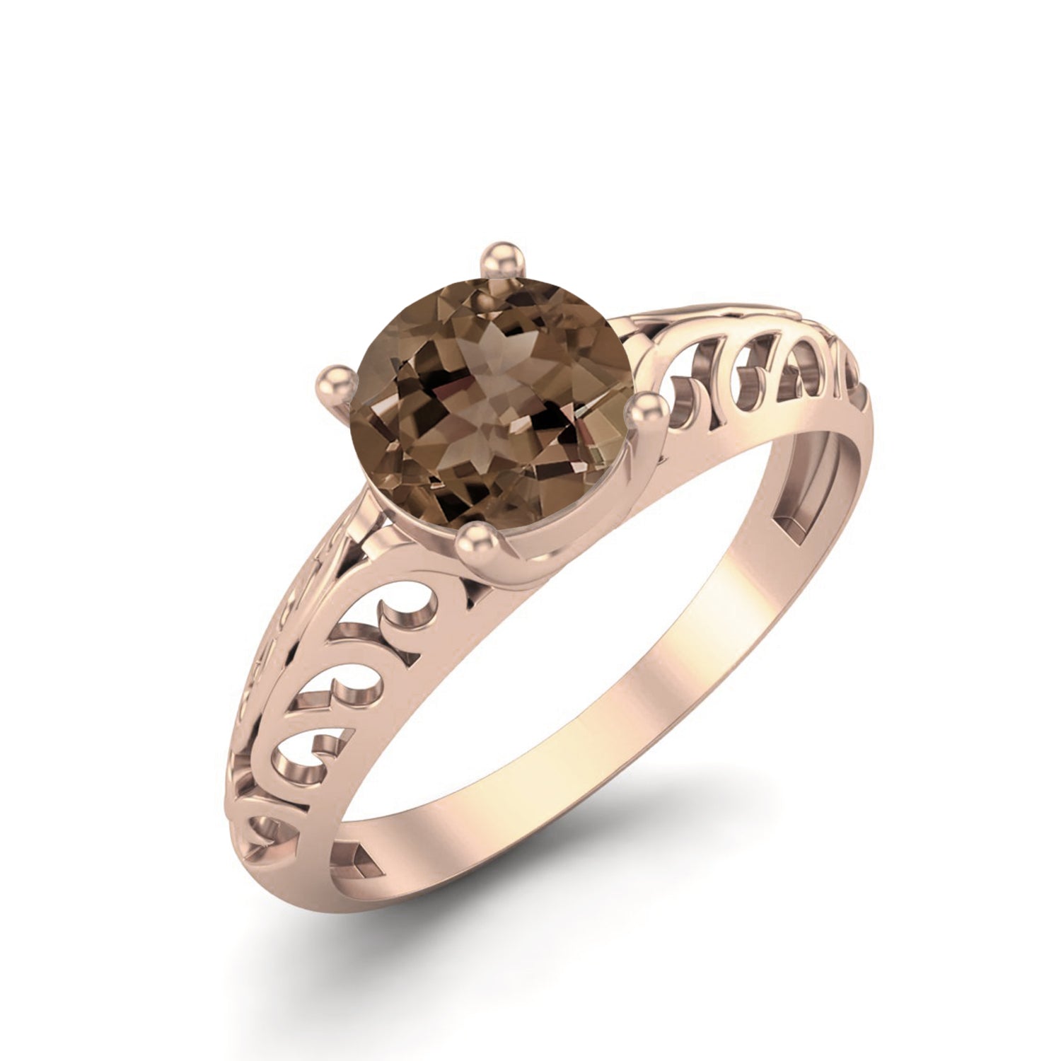Smoky Quartz 0.75 Ct Round Vintage Filigree Ring – 14K Yellow Gold