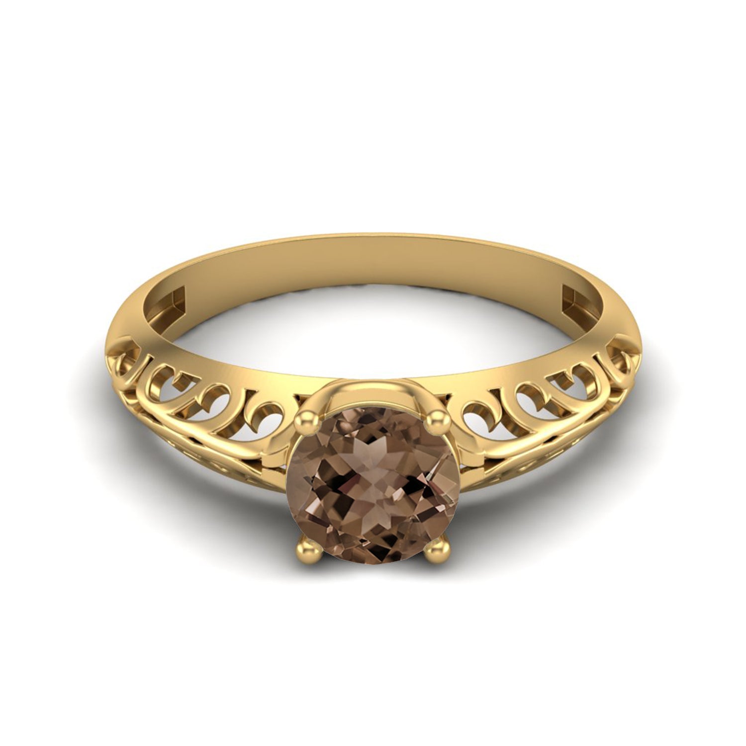 Smoky Quartz 0.75 Ct Round Vintage Filigree Ring – 14K Yellow Gold