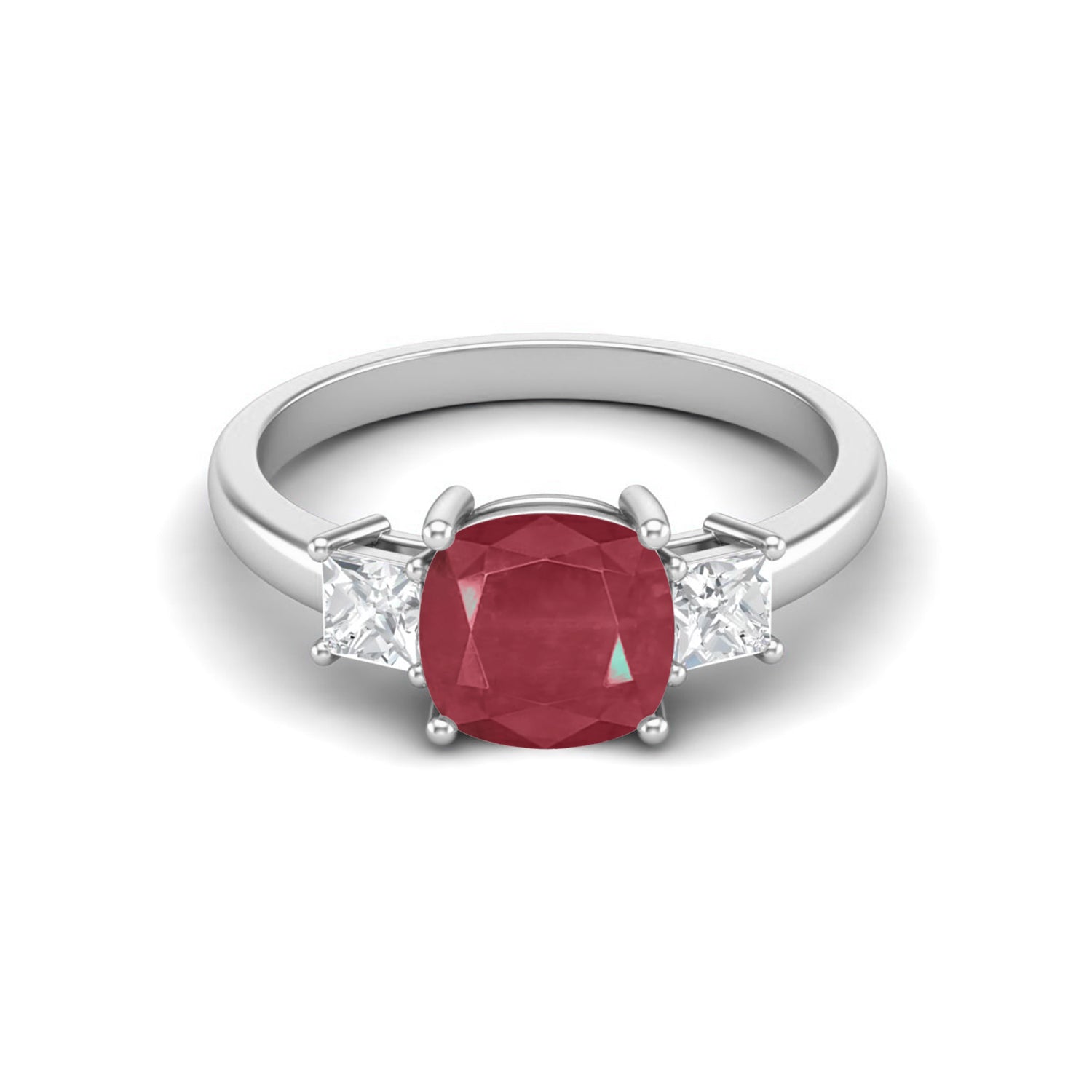 Ruby 2.05 Ct Cushion Three Stone Ring  – 14k Yellow Gold