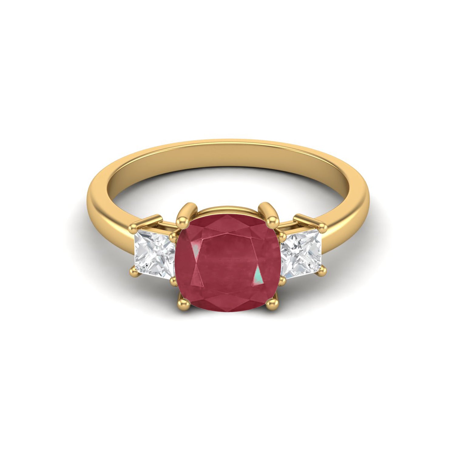 Ruby 2.05 Ct Cushion Three Stone Ring  – 14k Yellow Gold