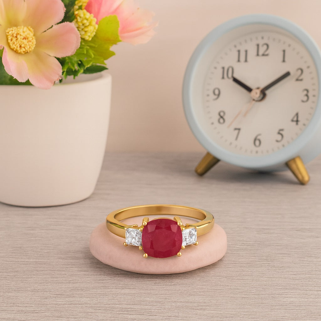 Ruby 2.05 Ct Cushion Three Stone Ring  – 14k Yellow Gold