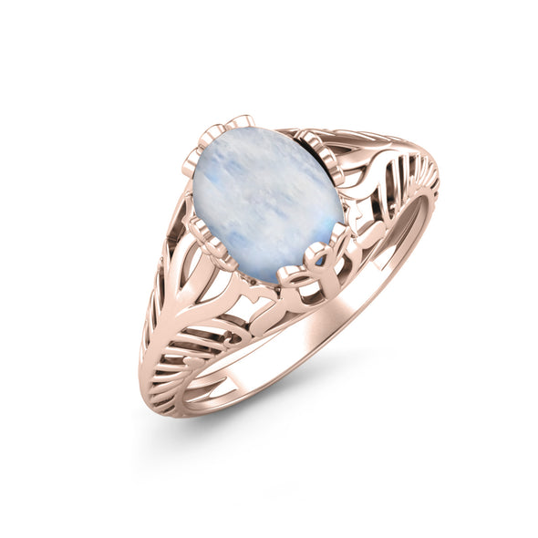 Natural Moonstone Engagement Ring in 925 Sterling Silver Vintage Style Art Deco Solitaire Ring