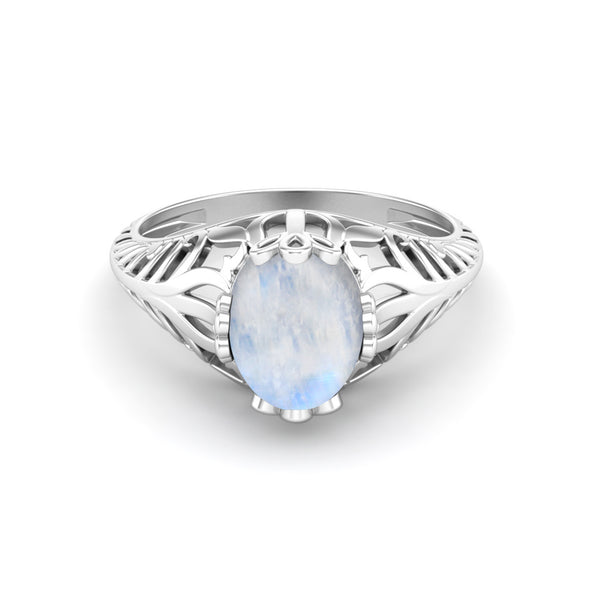 Natural Moonstone Engagement Ring in 925 Sterling Silver Vintage Style Art Deco Solitaire Ring